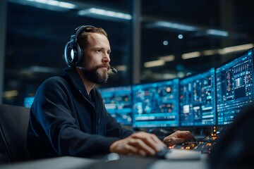 Tech-savvy supervisor in a sleek command center expertly monitoring high-tech systems.