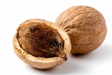 Close-up of nutmeg seed with textured shell, rich color, and aromatic interior.