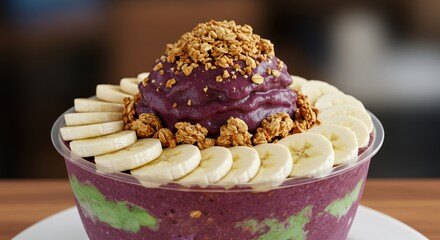 Indulge in this vibrant acai bowl, topped with granola and fresh banana slices ? a delicious and healthy treat!
