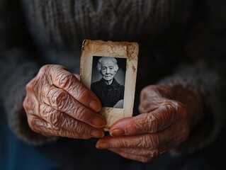 Elderly person holding faded photo indoor setting close-up emotional connection nostalgia