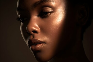 A golden glow highlights the model&rsquo;s face, emphasizing skin texture and soft shadows.