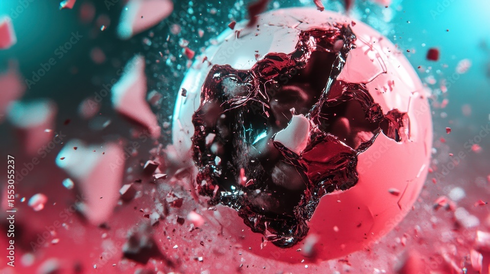 Poster a dynamic image depicting a colorful sphere bursting apart, embodying a thrilling moment of transfor