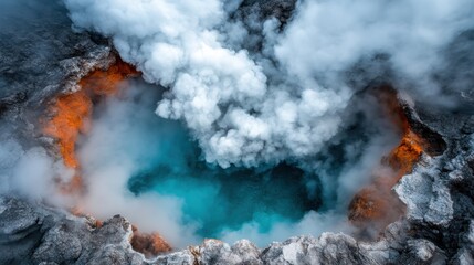 An aerial photograph beautifully captures the volcanic site featuring steaming blue waters and luminous orange lava, showcasing nature's raw power and breathtaking beauty.
