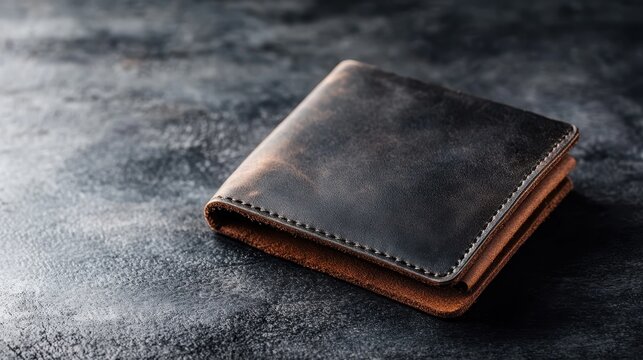 An artistic shot of a classic leather wallet, showcasing its rich texture and craftsmanship on a dark stone surface, perfect for luxury and lifestyle imagery.