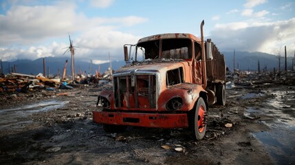 A weathered, abandoned truck stands in a desolate landscape, highlighting the aftermath of devastation and evoking feelings of loss and forgotten history in a once-thriving area.