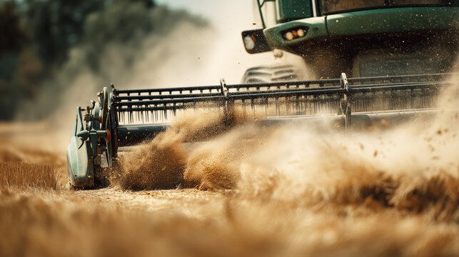 Dramatic close-up of a combine harvester cutting golden wheat in the field, spinning blades in motion, dust flying, sunset farm scene, high detail