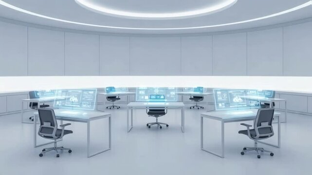 Empty futuristic office features multiple workstations with glowing holographic data displays, a sterile white interior envisioning advanced collaborative environments for technology and research sect