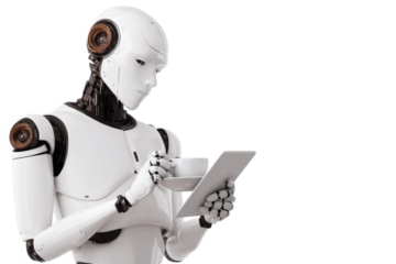 Robot engaging with tablet and coffee futuristic setting digital content indoor environment close-up view technology concept