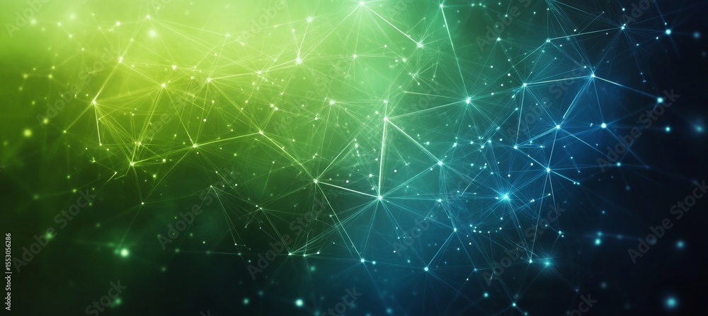 Poster dynamic green and blue polygonal mesh with dots and lines on a dark background for technology