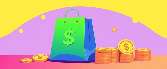 Flat design vector illustration of a money bag, shopping bag, and coins, symbolizing commerce and finance,  currency,  clipart