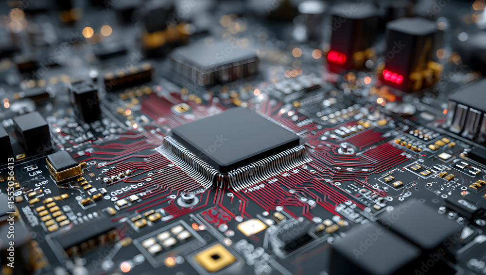 Aufkleber close-up of circuit and computer motherboard on a high-tech background.