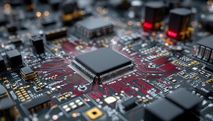 Obraz premium Close-up of circuit and computer motherboard on a high-tech background.