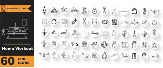 Home Workout Routine Flat Vector Icons Set – Jump Rope, Push-Up, Squat, Resistance Band, Yoga, Fitness App