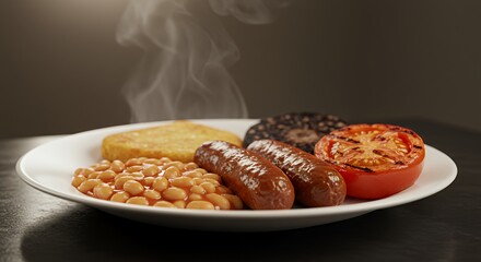 Steam rises from a hearty full English breakfast, complete with sausages, beans, and grilled tomato.