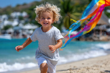 Naklejka premium Child joyfully running along the beach while flying a colorful ribbon kite at midday