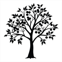 Obraz premium Black and white silhouette of a fruit tree with abundant leaves and fruit