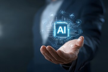 Hand Holding Holographic AI Interface.