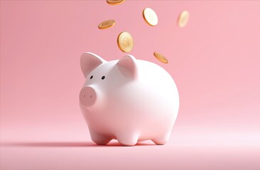 Piggy bank and golden coin on pink background with saving money concept. Financial planning for the future. 3D rendering.