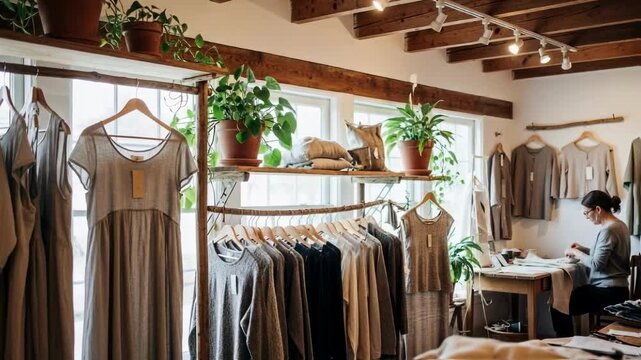 Sustainable fashion boutique displays natural fabric clothing on racks, owner works at desk, plants and wood decor create a cozy atmosphere for ethical retail and conscious consumerism