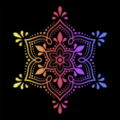 Color circular pattern in form of mandala with flower for decoration or print. Decorative ornament in ethnic oriental style. Rainbow design on black background.