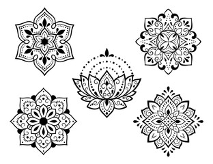Set of Mehndi flower pattern for Henna drawing and tattoo. Decoration in ethnic oriental, Indian style. Doodle ornament. Outline hand draw vector illustration.