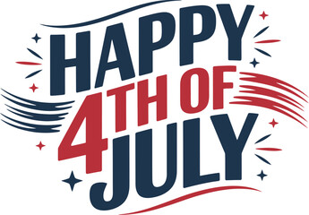 Stylized curved ribbon around bold happy 4th of July title in dynamic perspective patriotic design  