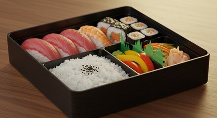 Indulge in this exquisite bento box, a delightful array of sushi, rice, and vibrant vegetables.