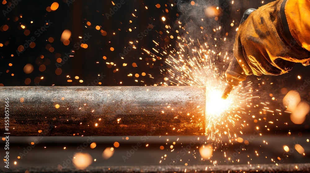 Poster a close-up of a welder's hand creating sparks while working on a metal pipe, showcasing the art of w