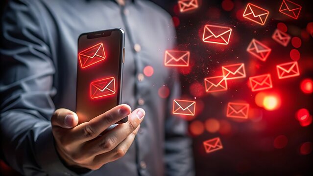 A man holds a smartphone with glowing red email icons floating around it