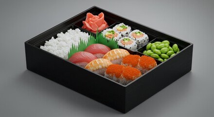 Indulge in this exquisite sushi bento box, a delightful array of flavors and textures perfectly arranged.