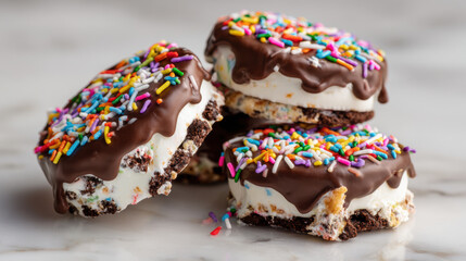 Delicious mini ice cream sandwiches feature chocolate coated edges and colorful sprinkles, perfect for sweet treat. Ice Cream Sandwich Day