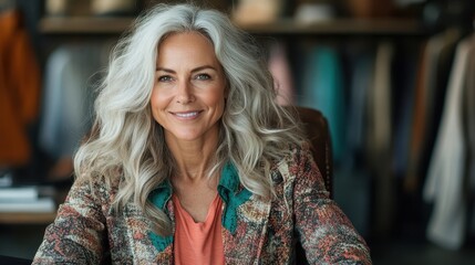 Fototapeta premium A graceful older woman with silver hair smiles warmly, showcasing the beauty of aging and confidence, ideal for portraying wisdom and experience in lifestyle imagery.