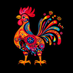 Colorful ornamental rooster on black background. Floral pattern and ethnic ornament concept. For Chinese zodiac symbol. Folk art illustration for poster, print, design