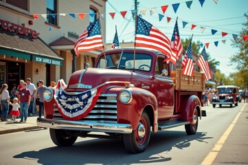 Vintage red truck in patriotic parade with american flags and festive decorations