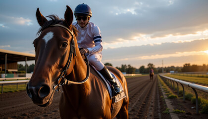 Fototapeta premium Jockey riding brown thoroughbred horse on racetrack during sunset with dramatic sky and blurred background