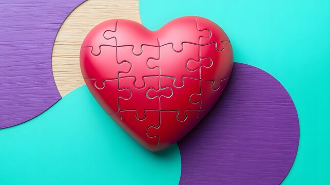 Red Puzzle Heart on Teal and Purple Background