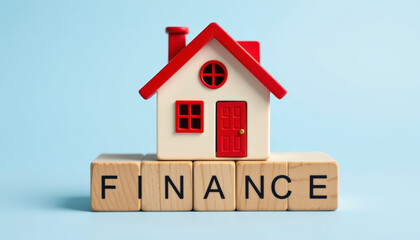 Miniature house with red roof and door on wooden blocks spelling finance, symbolizing real estate investment and mortgage concept