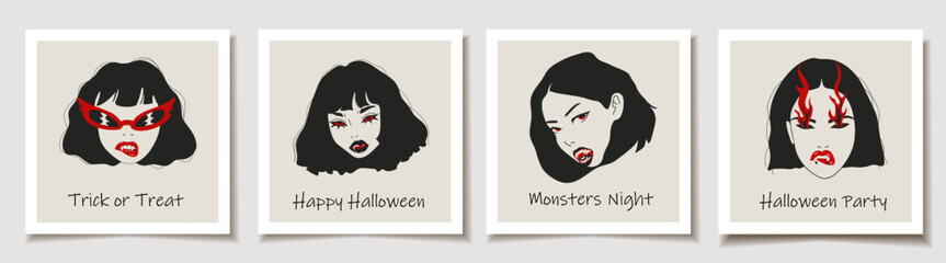Set of Halloween cards with Vampire Girls Featuring Sharp Fangs and Red Eyes. Greeting cards.