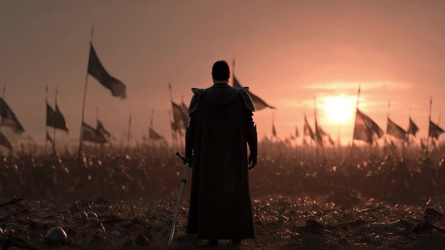 Photorealistic scene of a commanding figure of Joshua in armor raising his arms in front of an army against a dramatic sunset, evoking the moment where Joshua commands the sun to stand still. 