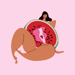 Symbolic Fruit Art. Woman Holding Watermelon with Vulva Outline