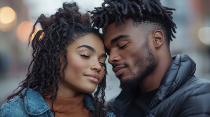 A lovely couple sharing a tender moment in an urban setting, showcasing love and connection against a softly glowing background of city lights during sunset.