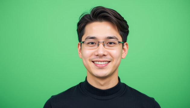 Portrait of Young Asian man smiling with glasses wearing black sweater against green background, cheerful and confident expression