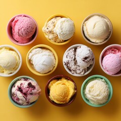 Variety of colorful ice cream scoops in bowls, a delightful treat