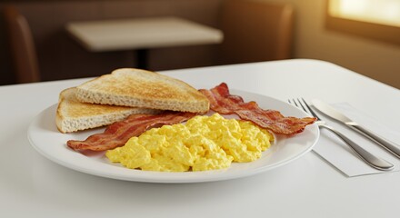 Sunny-side up breakfast: perfectly cooked scrambled eggs, crispy bacon, and golden-brown toast.