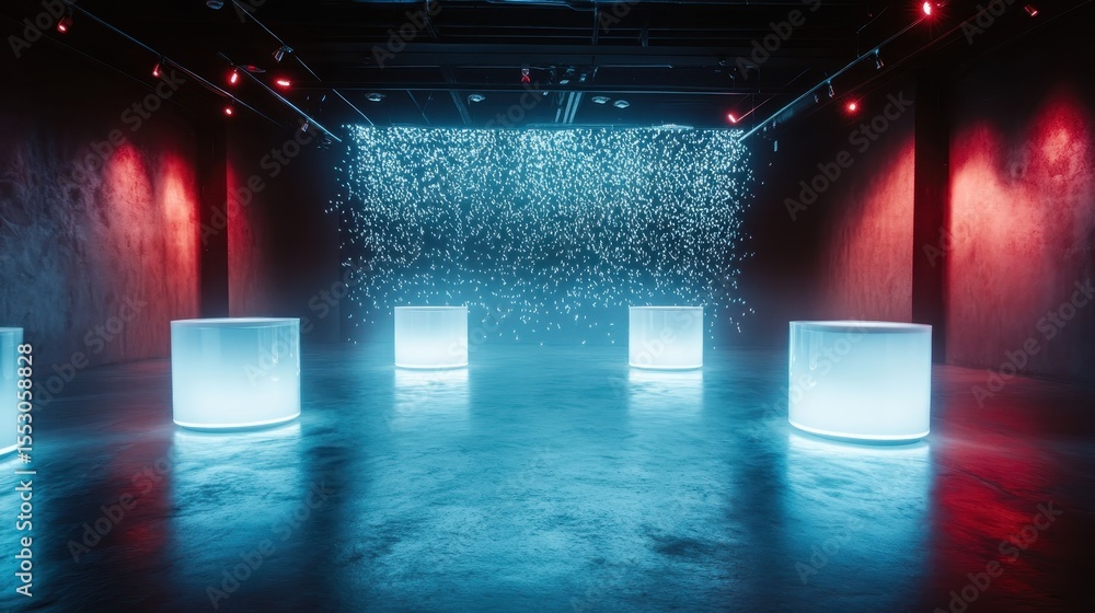 Poster a modern art gallery illuminated by neon lights, featuring floating translucent structures, creating