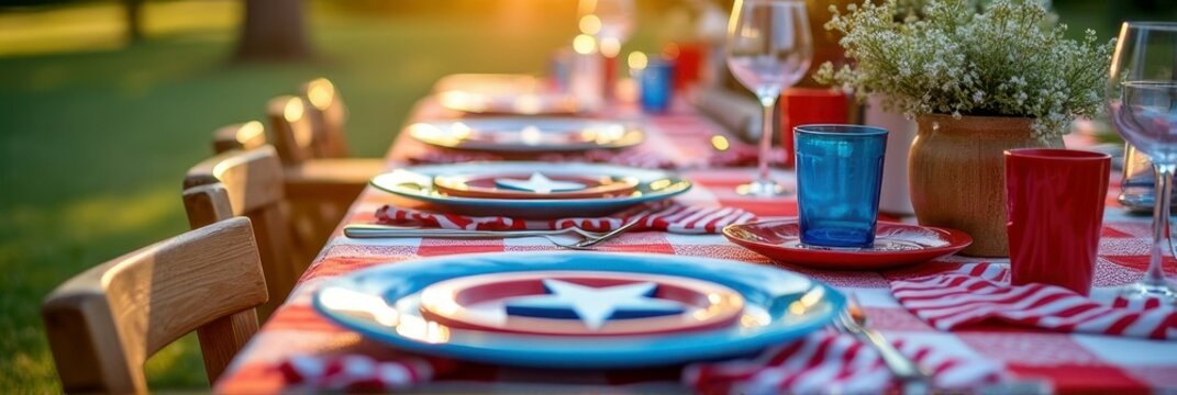 Festive outdoor dining table with patriotic decor at sunset - Powered by Adobe