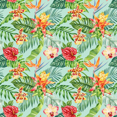 Tropical seamless pattern with watercolor orchids anthuriums bird of paradise and jungle leaves for wallpaper, background, texture