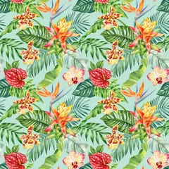 Fotobehang Tropische Bladeren Tropical seamless pattern with watercolor orchids anthuriums bird of paradise and jungle leaves for wallpaper, background, texture  © Hanna