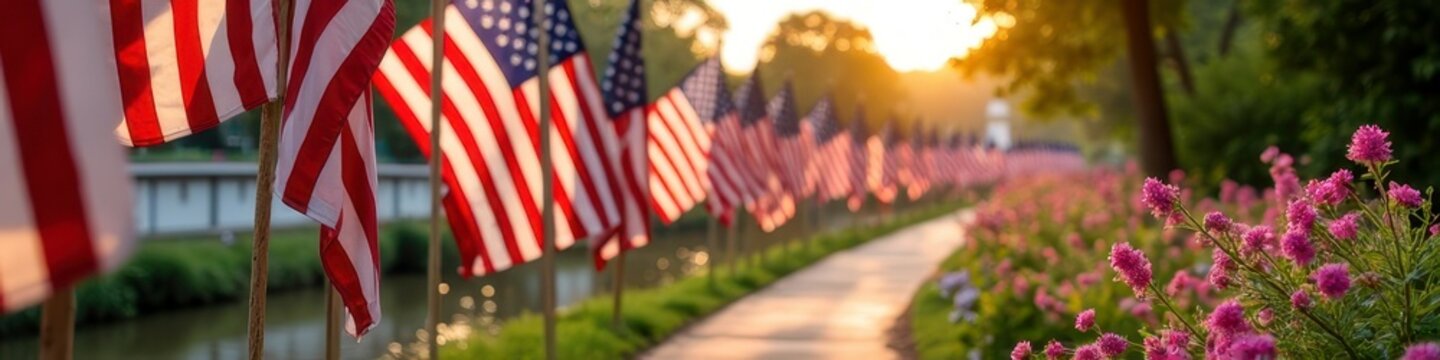 Rows of american flags lining a sunlit path with purple flowers at dusk