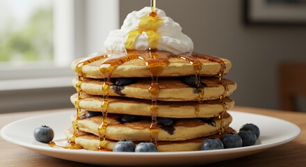 Golden Syrup Drizzles Down a Stack of Fluffy Blueberry Pancakes Topped with Whipped Cream